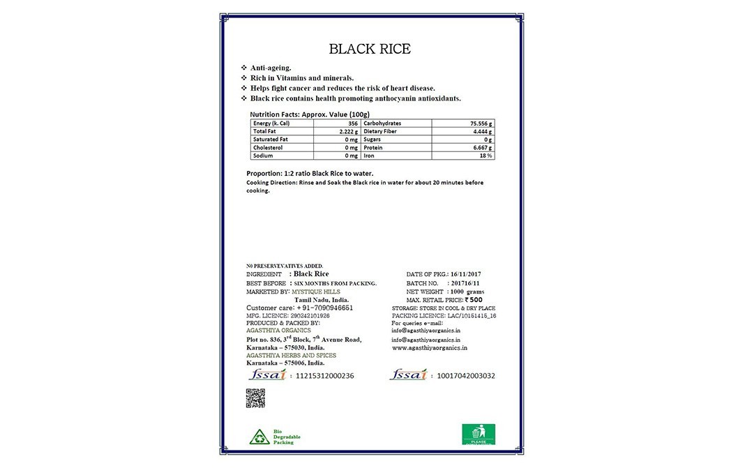 Mystique Hills Organic Black Rice    Box  1 kilogram
